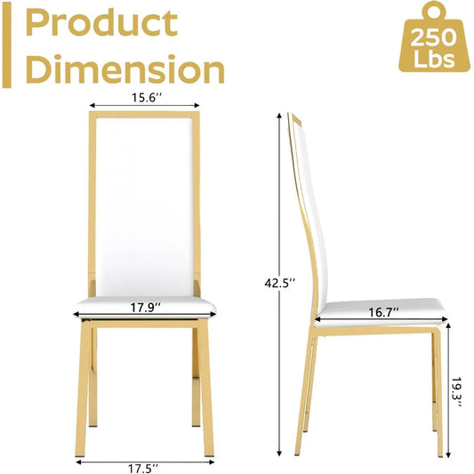 Modern Dining Chairs, Set of 4, White Faux Leather with Chrome Gold Metal Legs