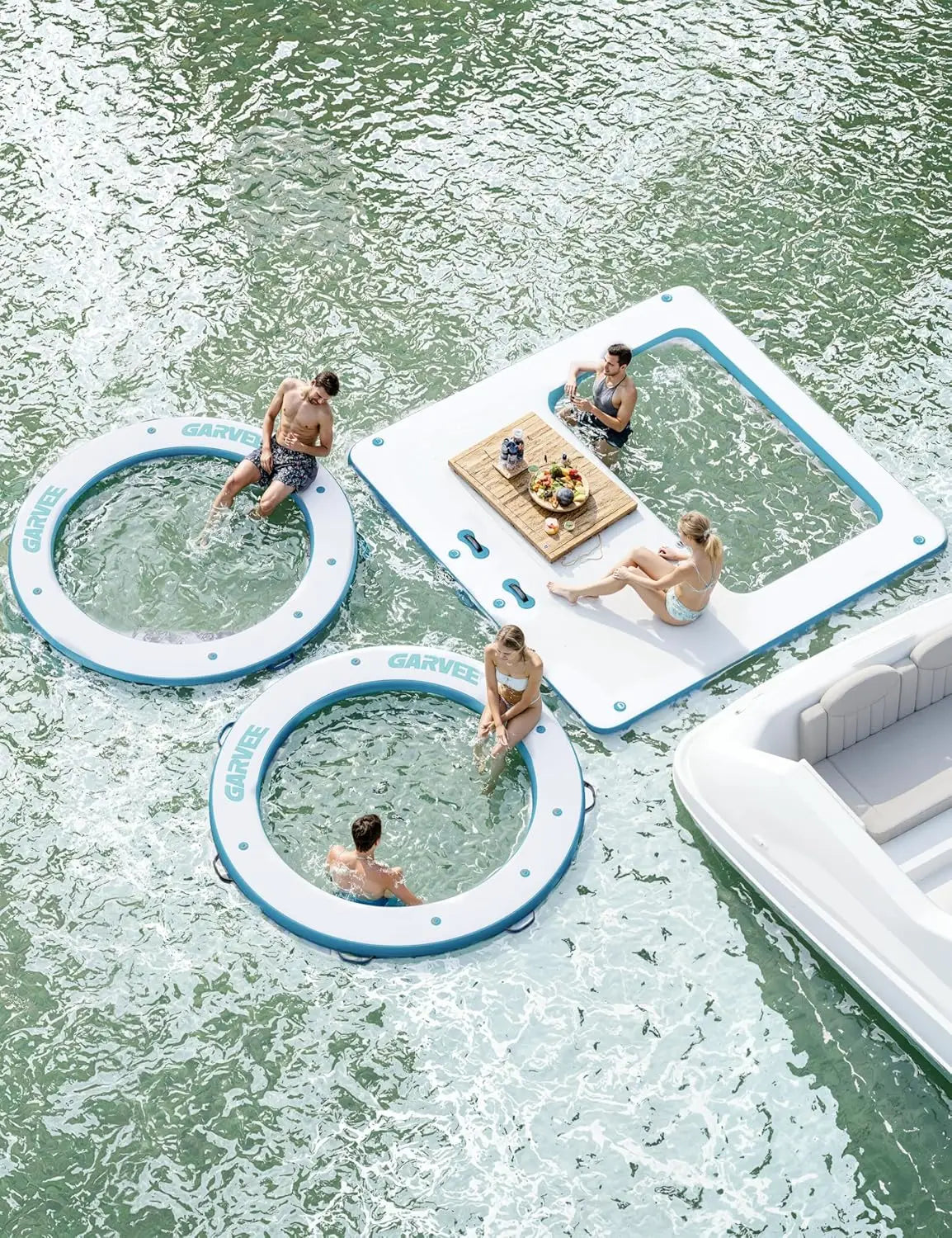 10x10FT Inflatable Floating Dock/Platform with Mesh Swim Area