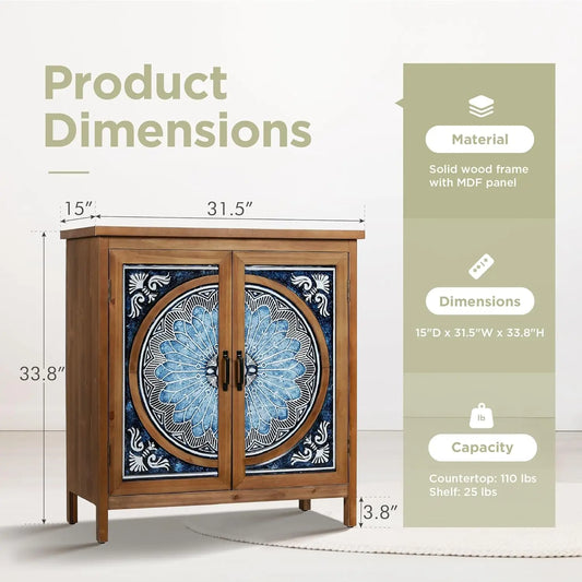 2-Door Accent Cabinet, Distressed Storage Cabinet with Blue and White Porcelain Pattern- Additional Patterns Available