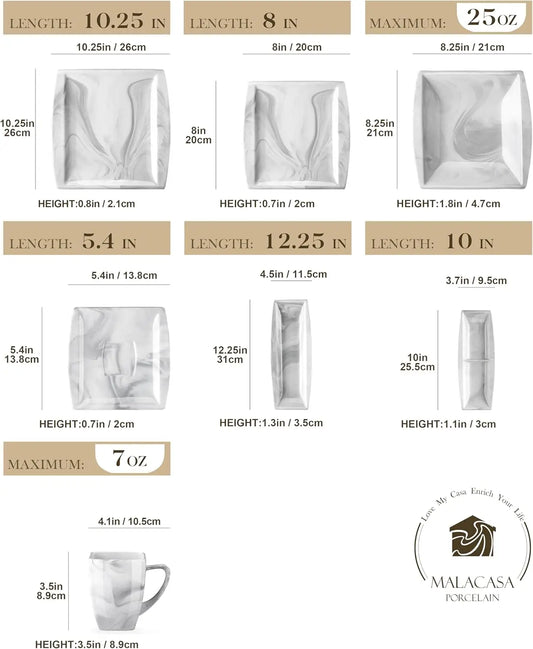 32-Piece Porcelain Dinnerware Set for 6, Marble Grey Plates and Bowls with Cups, Saucers, and Side Dishes