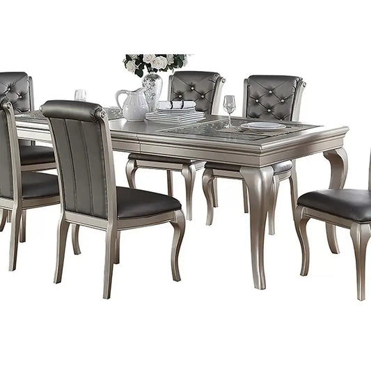 7pc Formal Glass Dining Table Set w/ Silver Hue & 6 Tufted Side Chairs