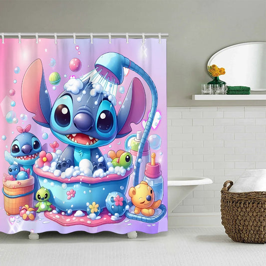 Disney Stitch Shower Set, Four-piece Set - Waterproof Shower Curtain, Hooks Included