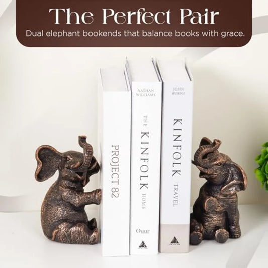 Vintage Elephant Bookends with Non-Slip Padding - Heavy Duty Resin
