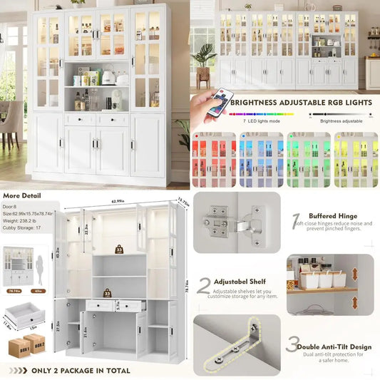 Freestanding Cabinet with Glass Doors, 78.7" H-63"W w/LED Lights, and Drawers