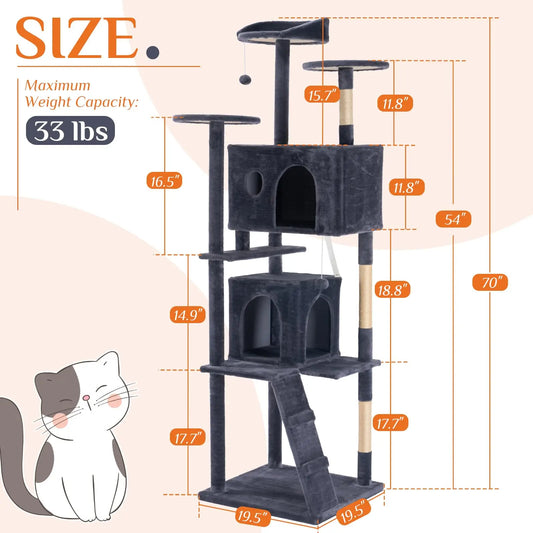70 inch Cat Tree Tower - Multi Level Tower with Condo with Natural Sisal Scratching Posts