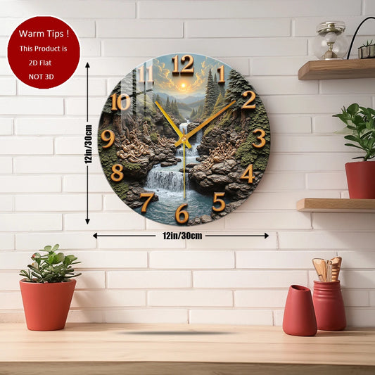 Modern Tempered Glass Wall Clock w/Waterfall Scenery
