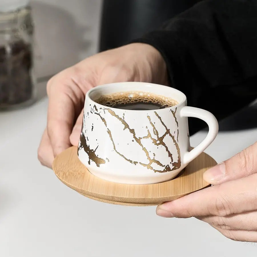 Ceramic Espresso Cups with Saucers and Metal Stand, Set of 6