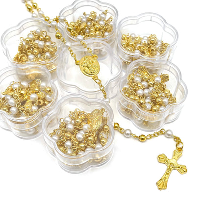 12 Pcs - Baptism Rosary White Gold Party Favors and Gifts