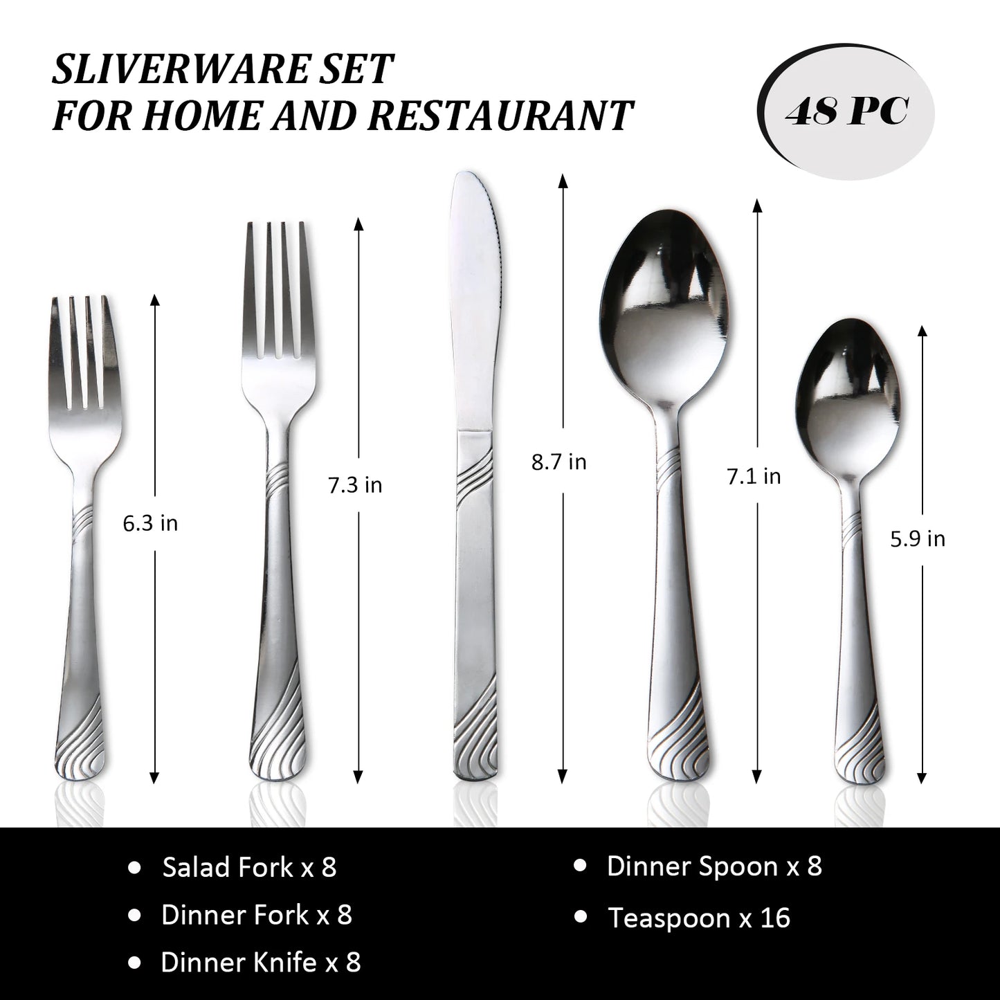 48Pcs Flatware Set, Contemporary Design, Polished, Stainless Steel Tableware