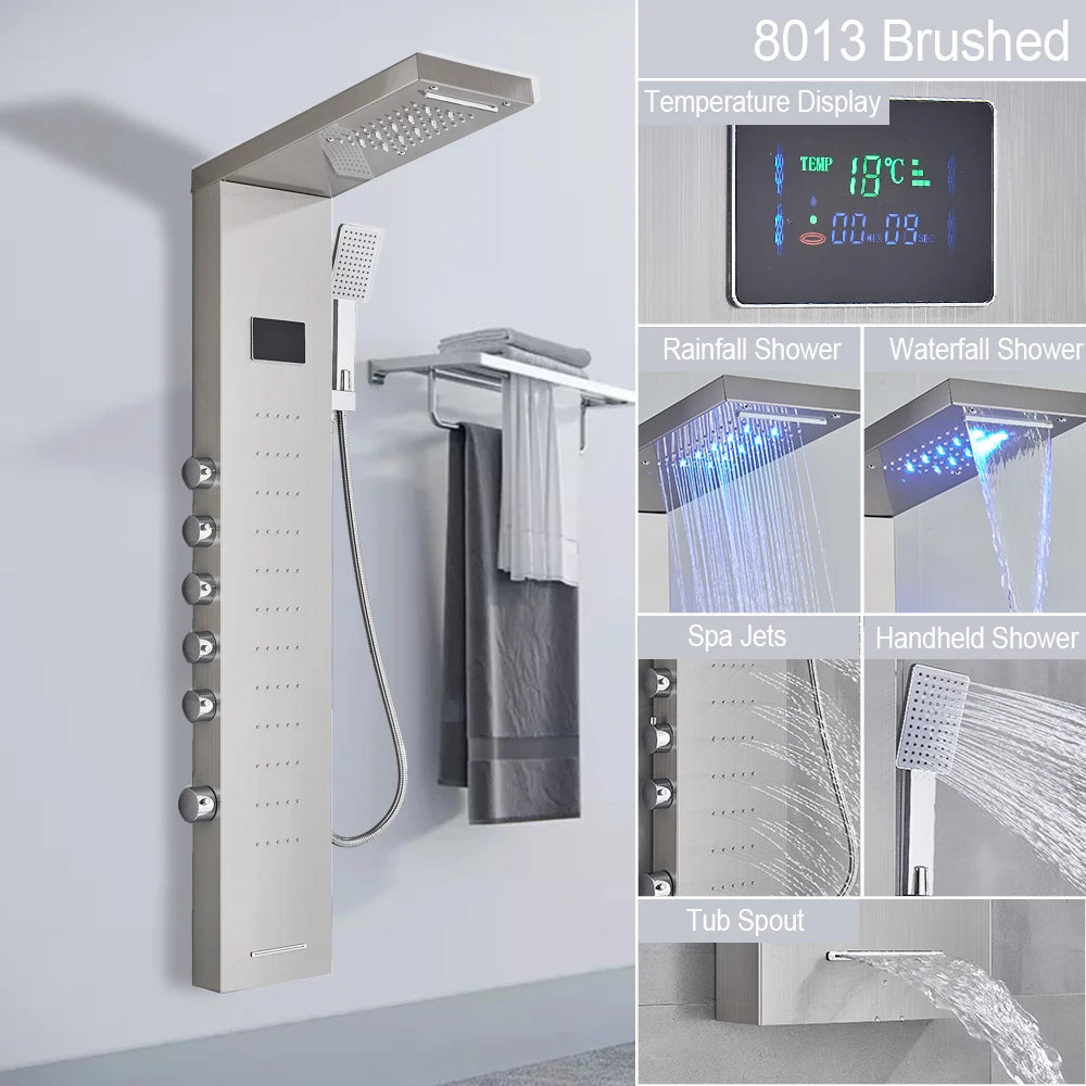 LED Light Shower Panel Waterfall Rain Digital Display Shower Faucet Set SPA Massage Jet Bathroom Column Mixer Tap Tower System