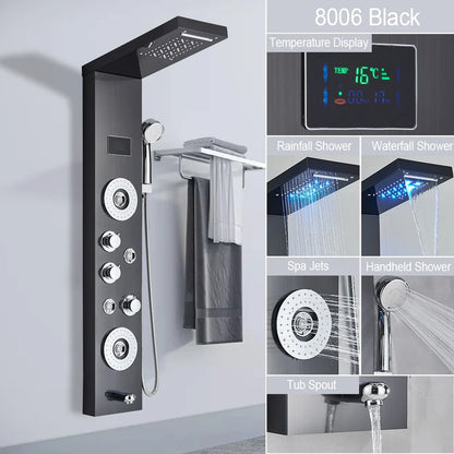 LED Light Shower Panel Waterfall Rain Digital Display Shower Faucet Set SPA Massage Jet Bathroom Column Mixer Tap Tower System