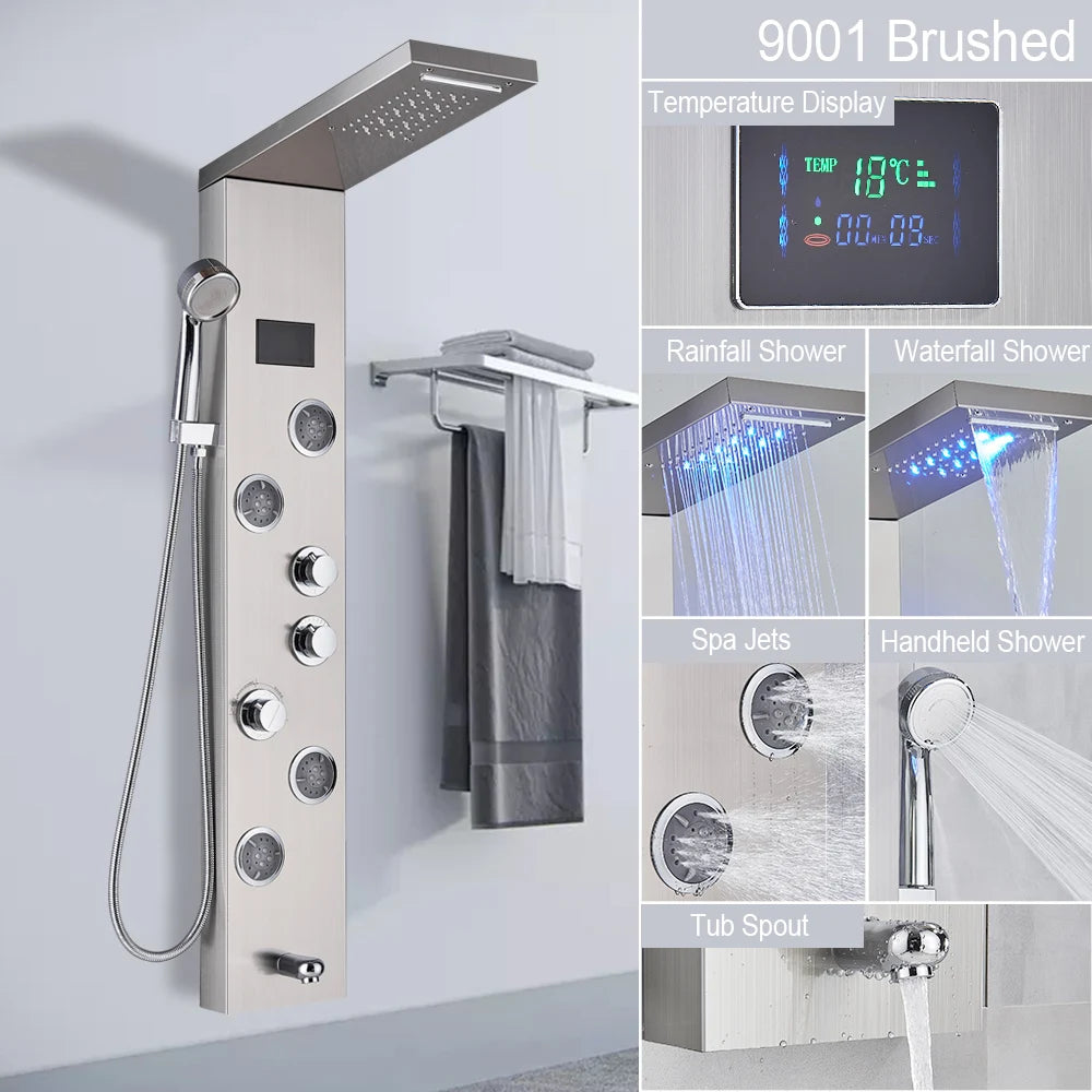LED Light Shower Panel Waterfall Rain Digital Display Shower Faucet Set SPA Massage Jet Bathroom Column Mixer Tap Tower System