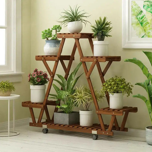 Triangular Wood Plant Shelf/Plant Stand with Wheels