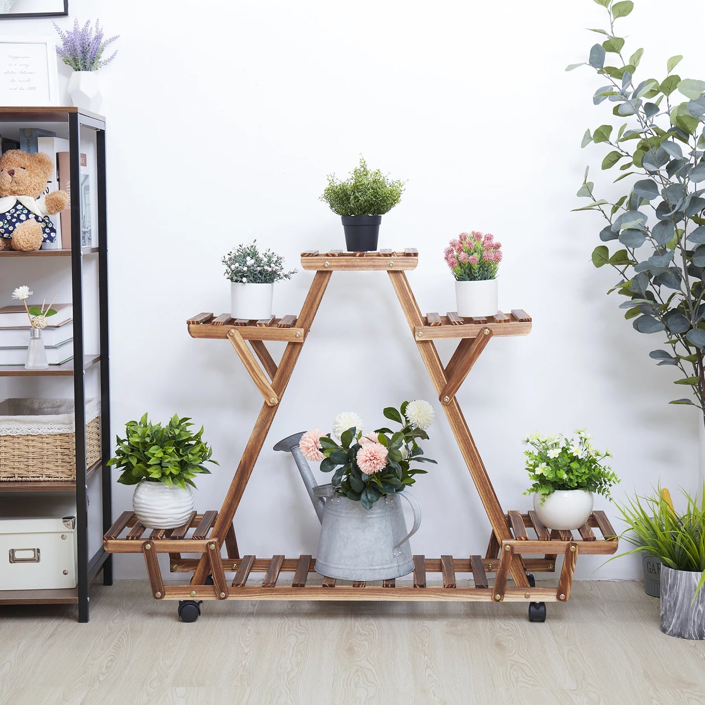 Triangular Wood Plant Shelf/Plant Stand with Wheels