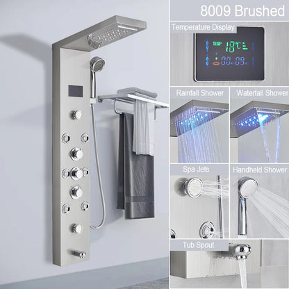 LED Light Shower Panel Waterfall Rain Digital Display Shower Faucet Set SPA Massage Jet Bathroom Column Mixer Tap Tower System