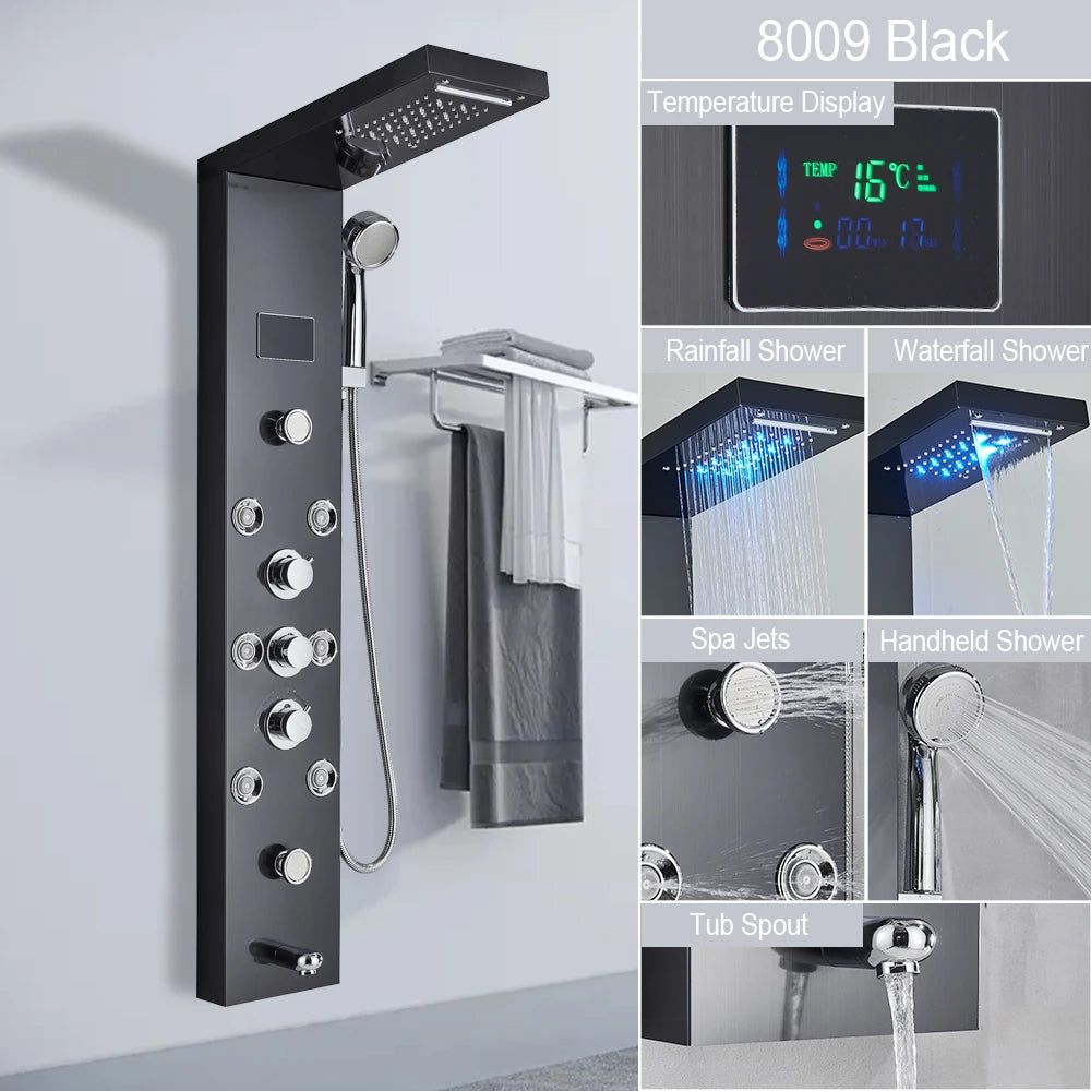 LED Light Shower Panel Waterfall Rain Digital Display Shower Faucet Set SPA Massage Jet Bathroom Column Mixer Tap Tower System