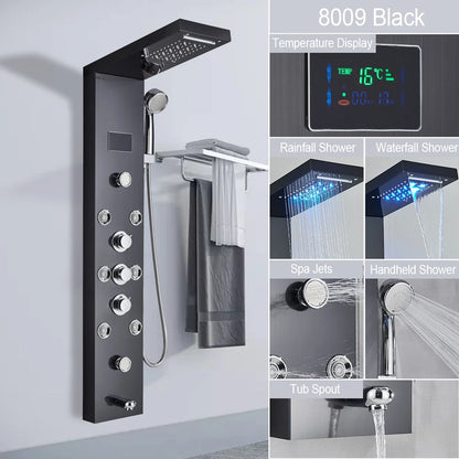 LED Light Shower Panel Waterfall Rain Digital Display Shower Faucet Set SPA Massage Jet Bathroom Column Mixer Tap Tower System