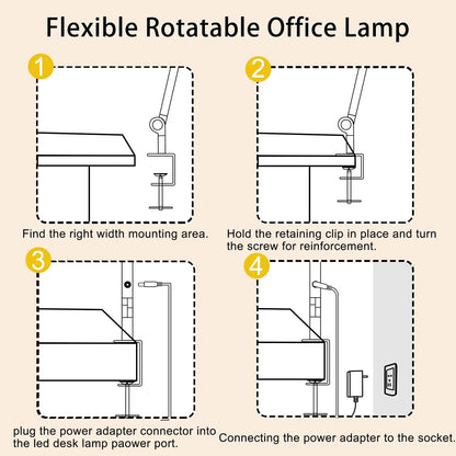 LED Desk Lamp with Clamp, Flexible 4 sections Swing Arm - Three light sources with 4 Color Modes & 5 Brightness Levels