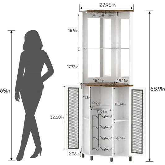 Customized.68.9“ Tall Corner Bar Cabinet with LED Light and Mirror