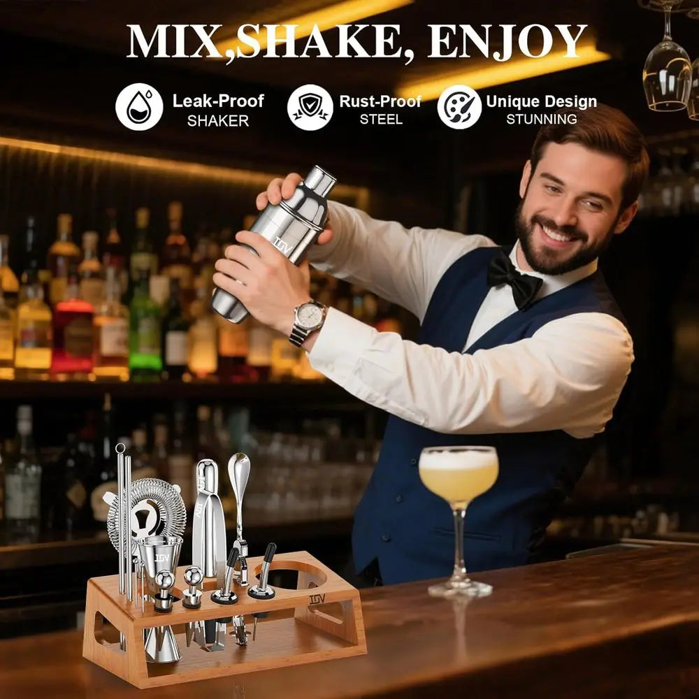 Cocktail Shaker Set Kit with Stand Includes Shaker, Jigger, Strainer, Mixing Spoon, Muddler, and Cocktail Recipes