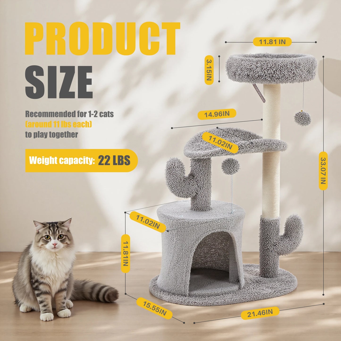 33IN Cat Tree, Multi-Level Tower, Play House with Sisal Scratching Post