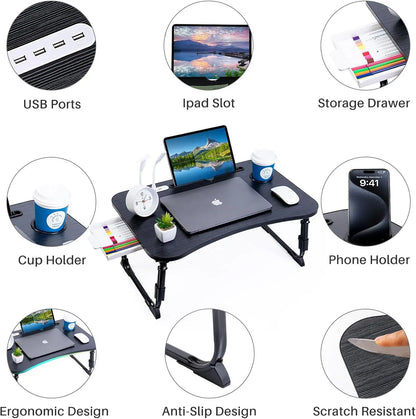 Adjustable Lap Desk - Foldable, Portable with USB Slot and Drawer