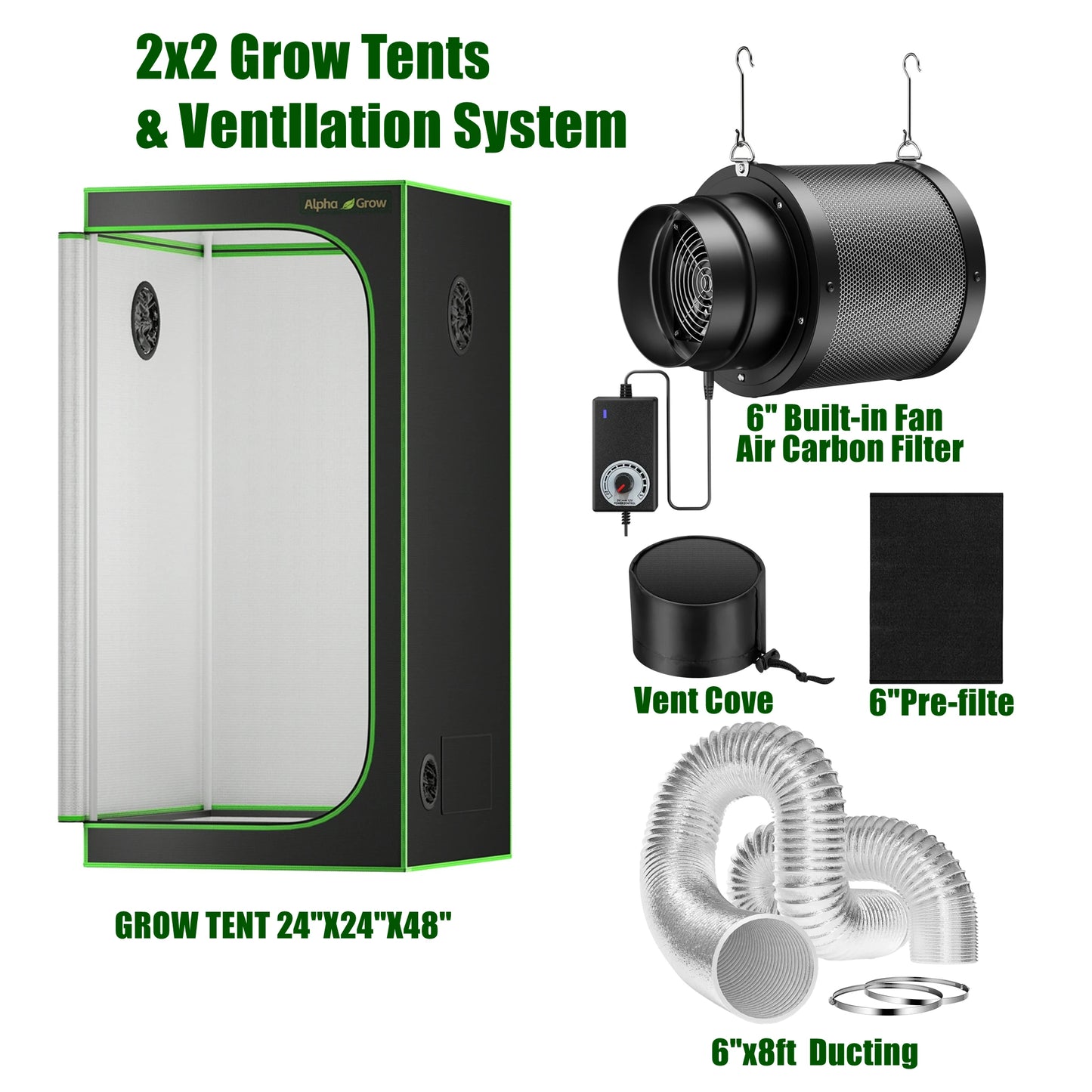 24"x24"x48" Grow Tent Kit With 6 Inch Air Carbon Filter, Australian Virgin Charcoal & Speed Controller