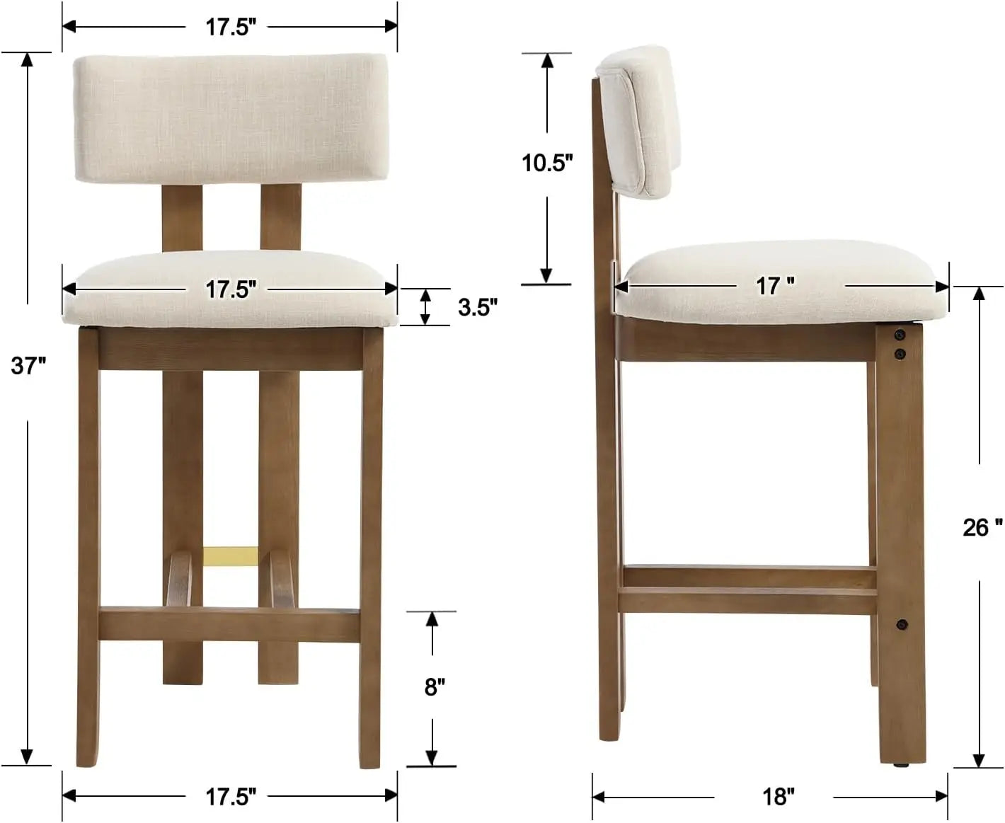 Elegant, Modern 26” Counter Height Stools, Set of 2, Upholstered with Backrest and Solid Wood Legs