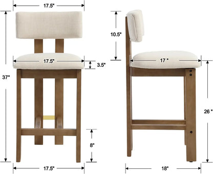 Elegant, Modern 26” Counter Height Stools, Set of 2, Upholstered with Backrest and Solid Wood Legs