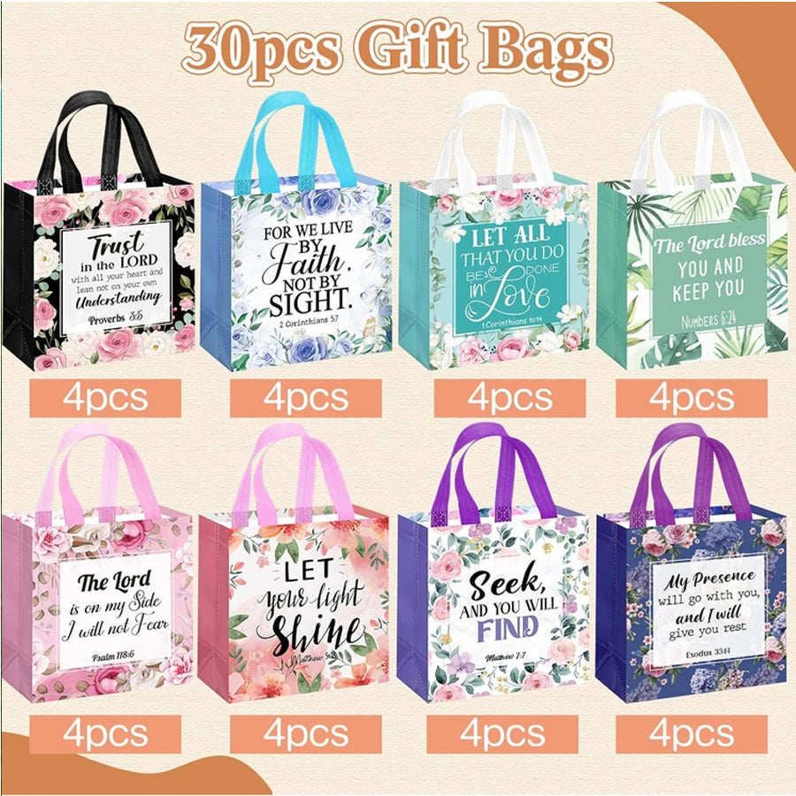 32 Pcs Bible Verse Flower Gift Bags with Handles -Reusable