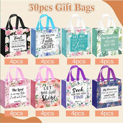 32 Pcs Bible Verse Flower Gift Bags with Handles -Reusable