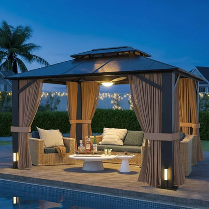 10x12ft Hardtop Gazebo with Double Roof, Curtains & Netting  with All-Weather Aluminum Frame