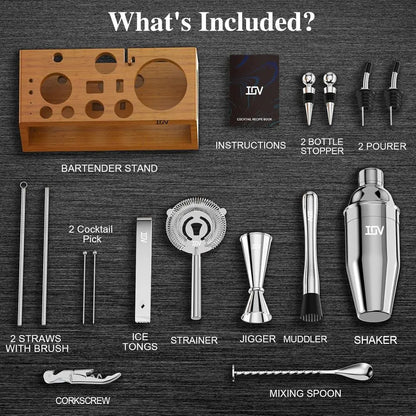Cocktail Shaker Set Kit with Stand Includes Shaker, Jigger, Strainer, Mixing Spoon, Muddler, and Cocktail Recipes