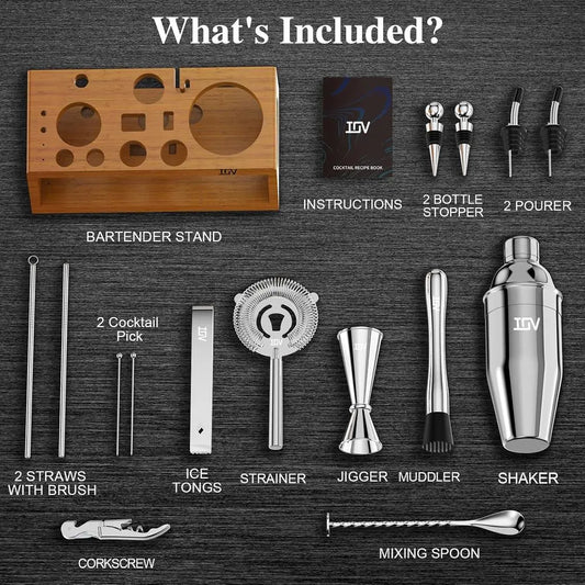 Cocktail Shaker Set Kit with Stand Includes Shaker, Jigger, Strainer, Mixing Spoon, Muddler, and Cocktail Recipes