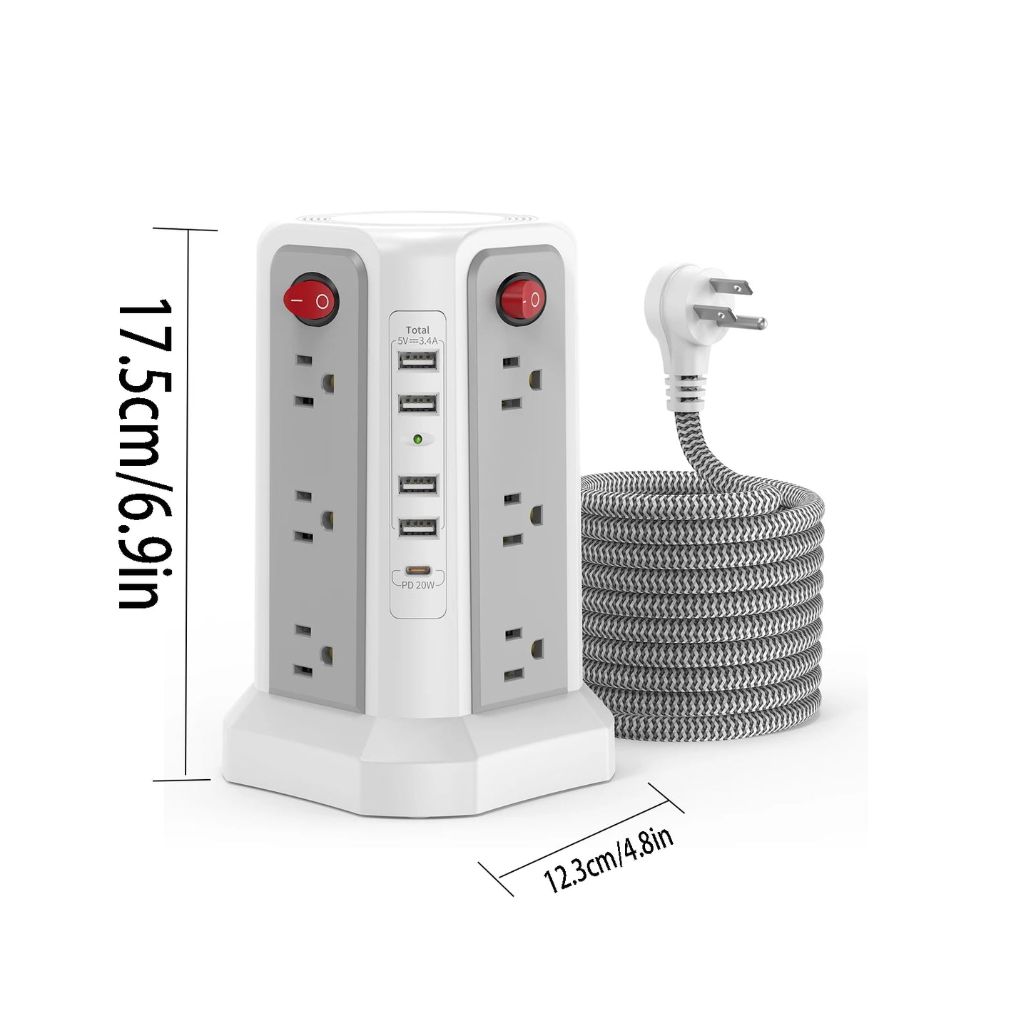 Tower extension cord plug-in board, 1.8m braided with PD20W fast charging port