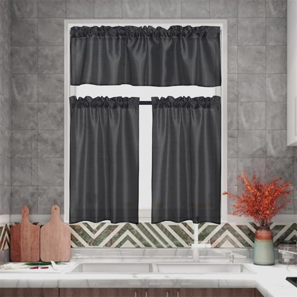 3 Panels Faux Silk Sheer Curtains w/Rod Pockets- Valance and 2 Tiers