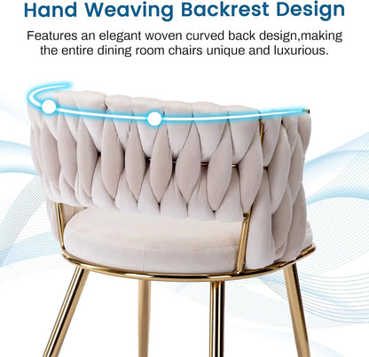 Modern Mid-Century Accent Velvet Dining Chairs Set of 2, Upholstered with Woven Back