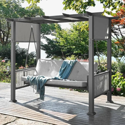 2-in-1 Convertible Porch Swing/Bed with Wicker Armrests and Canopy