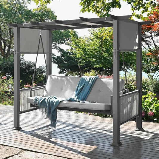 2-in-1 Convertible Porch Swing/Bed with Wicker Armrests and Canopy