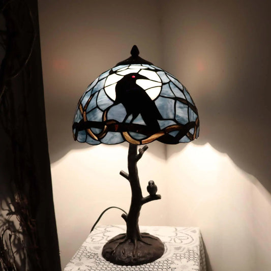 Raven on Tree Branch in the Moonlight, Tiffany Stained Glass Table Lamp