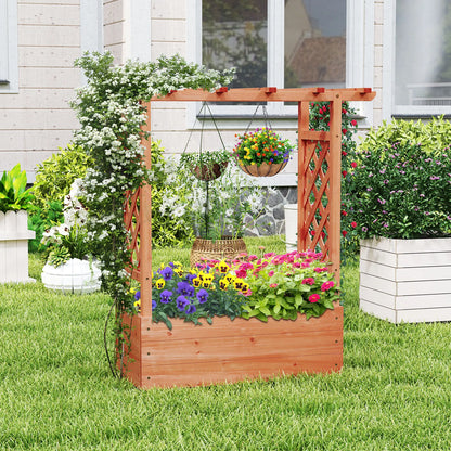 Wooden Raised Garden Bed w/Trellis & Hanging Roof and Drainage