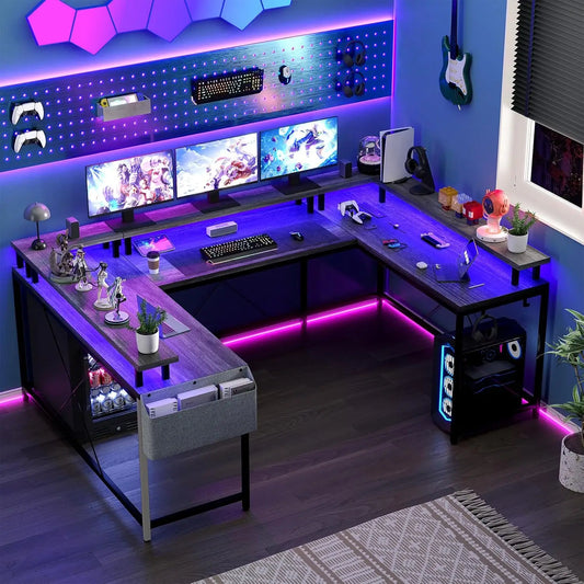 U Shaped Desk with Monitor Stand, Storage, 2 Power Outlets  and RGB Color LED Light