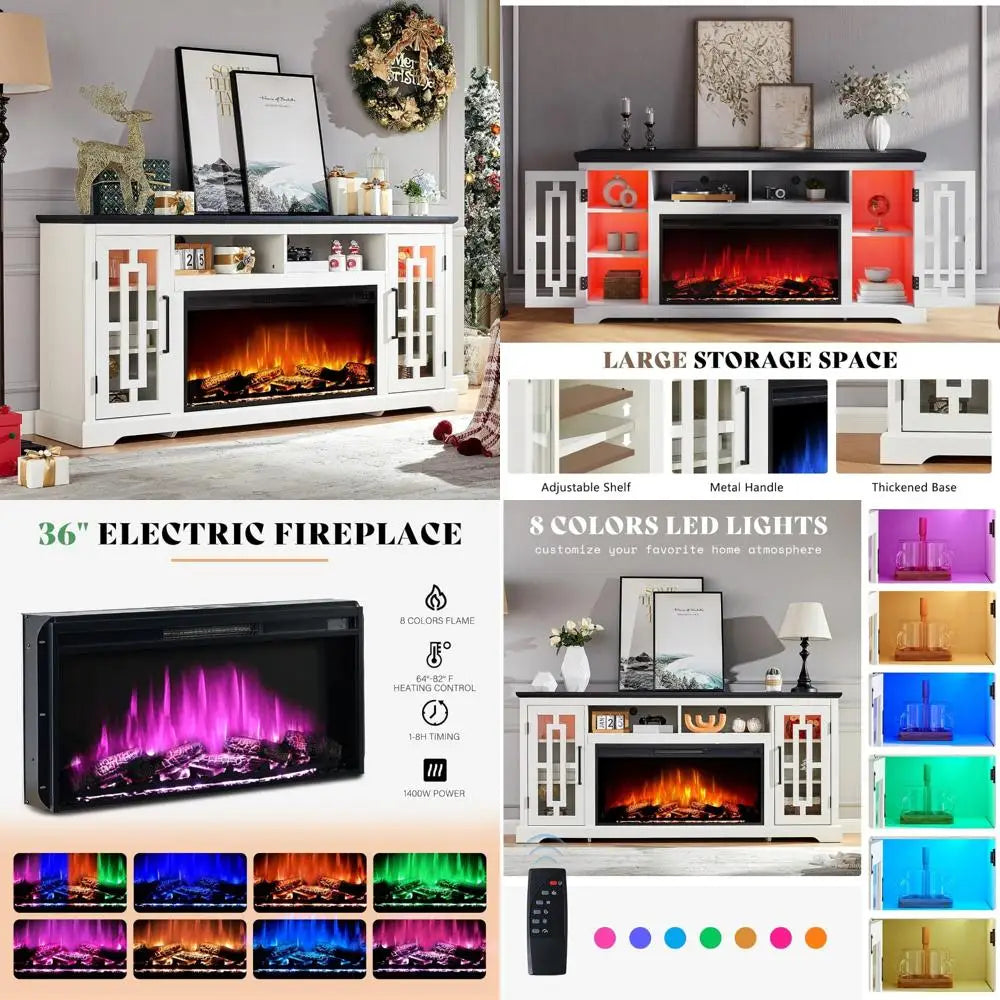"70 Inch Electric Fireplace TV Stand with Cabinets and LED Lighting