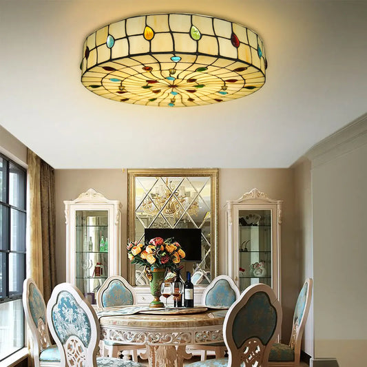 Stained Glass Flush Mount Ceiling Lamp with Brass Frame - Tiffany Inspired Vintage Lighting