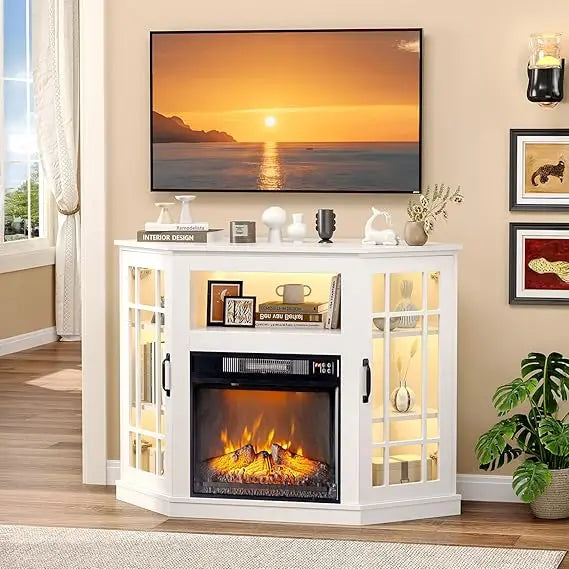 Corner Electric Fireplace TV Stand up to 55 inch TVs w/ Glass Doors