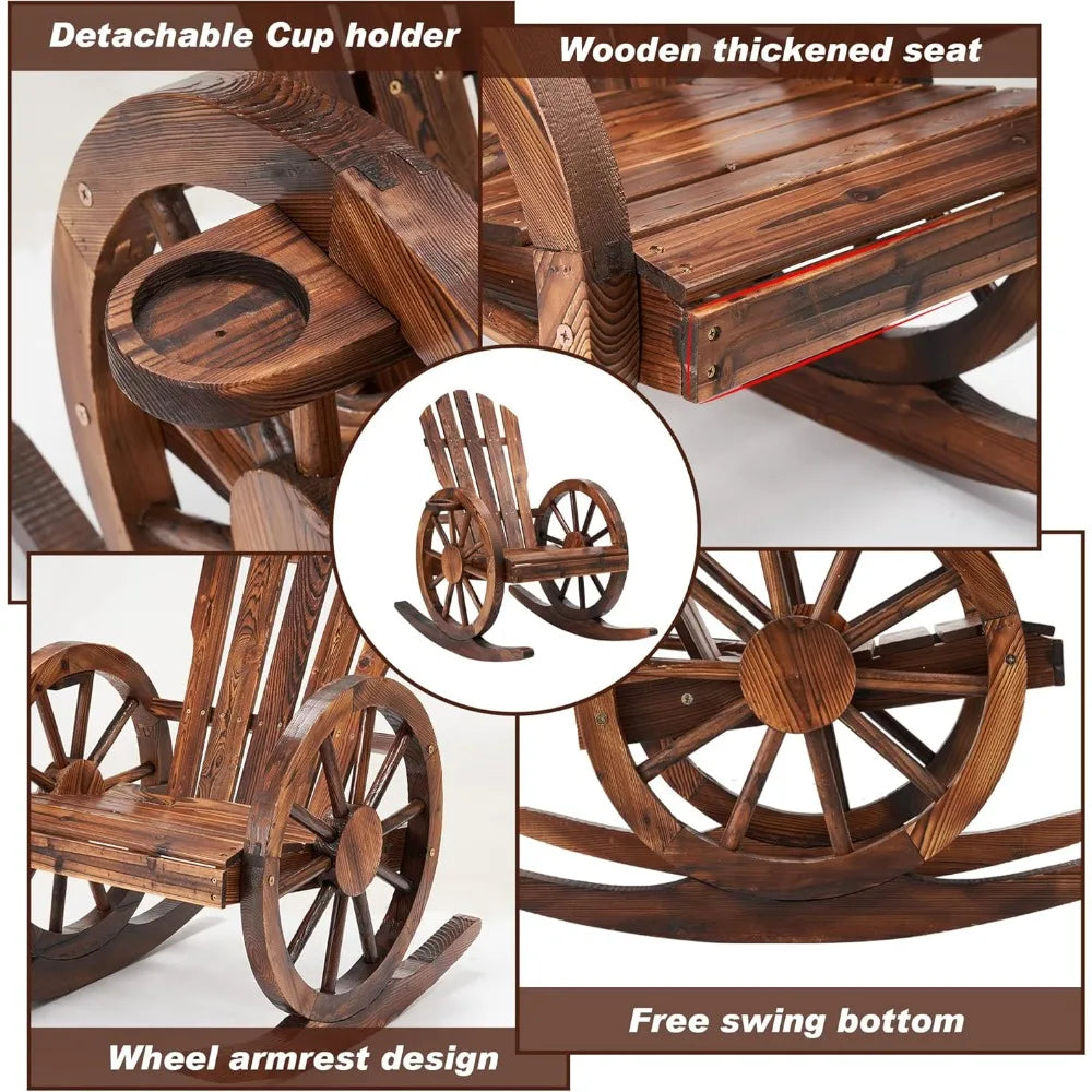 Set of 2, Wooden Rocking Chairs with Wagon Wheel Armrest and Small Table