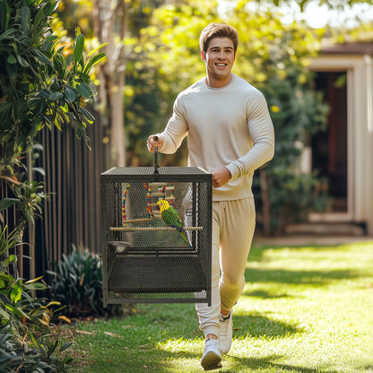 Wrought Iron Bird Play Area/ Carrier Cage with Handle, Wooden Perch & Bird Toys