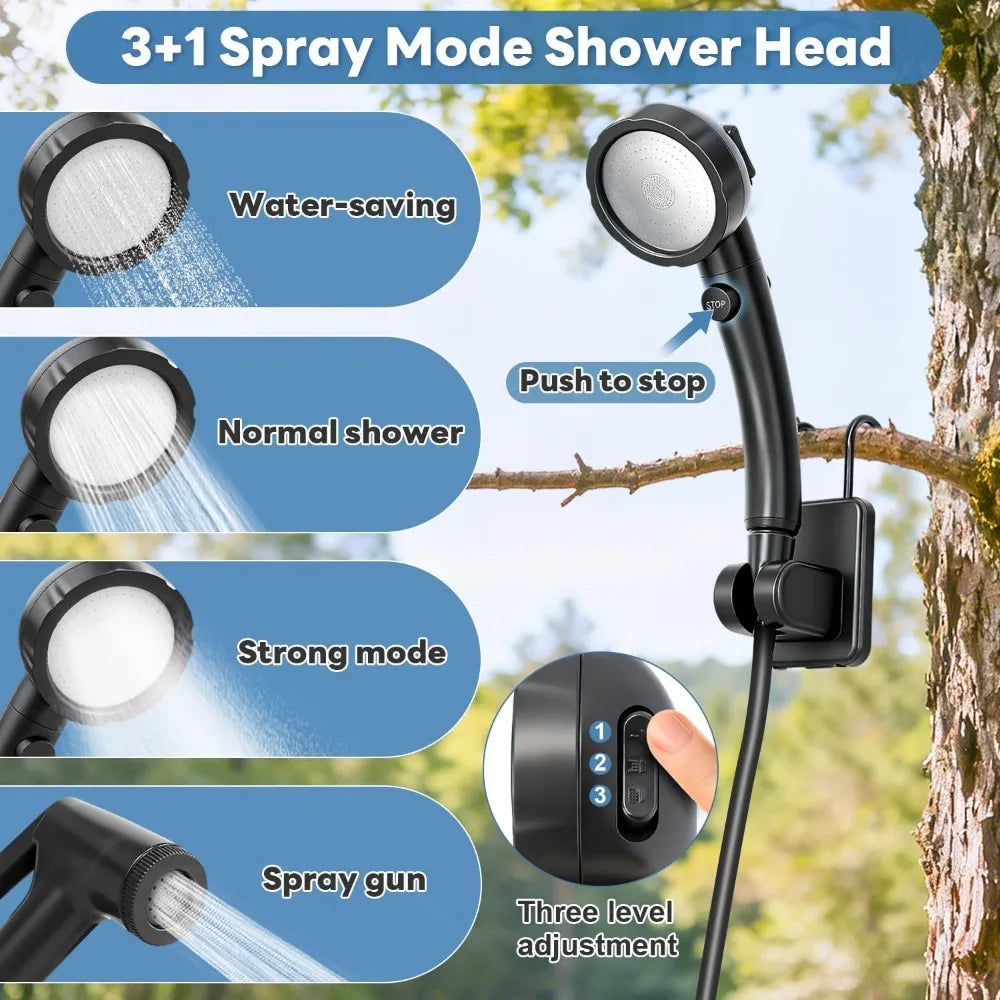 Portable Shower with Heater 1500W with Shower Head, 3 Spray Modes, Rechargeable Pump