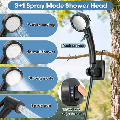 Portable Shower with Heater 1500W with Shower Head, 3 Spray Modes, Rechargeable Pump