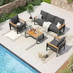 5 Pcs. Patio Set, Oversized Sectional with Washable Thick Cushions and Coffee Table